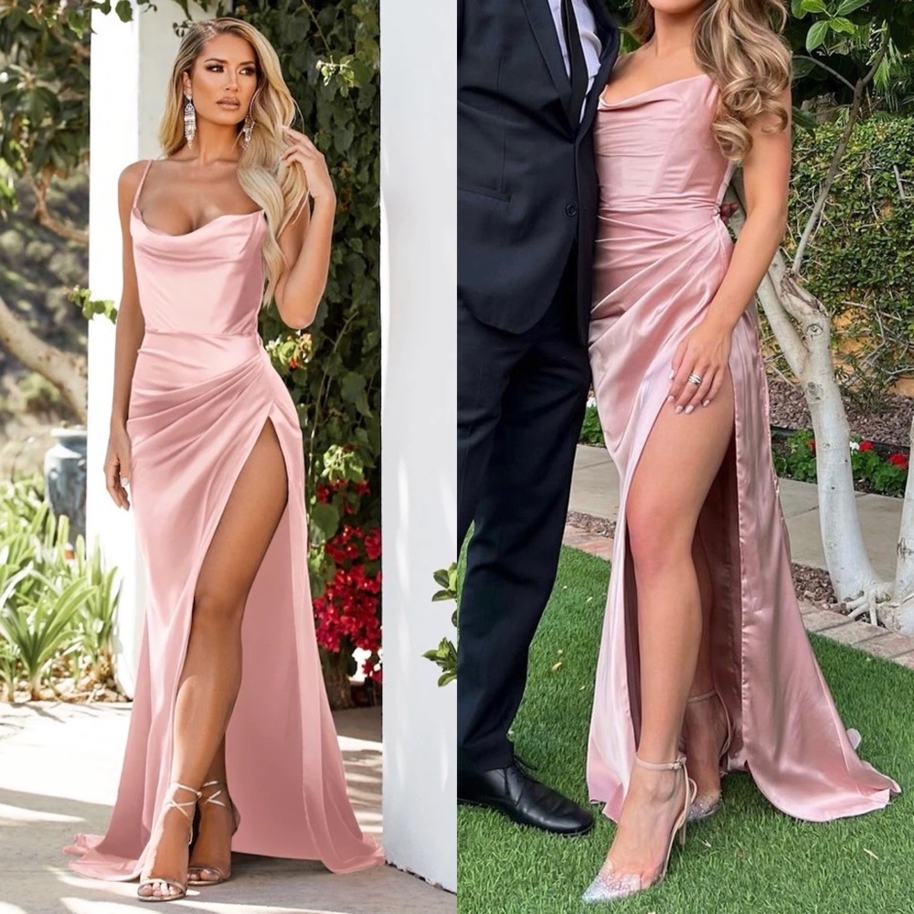 Moda Glam Boutique Penelope High Slit Dress- Blush